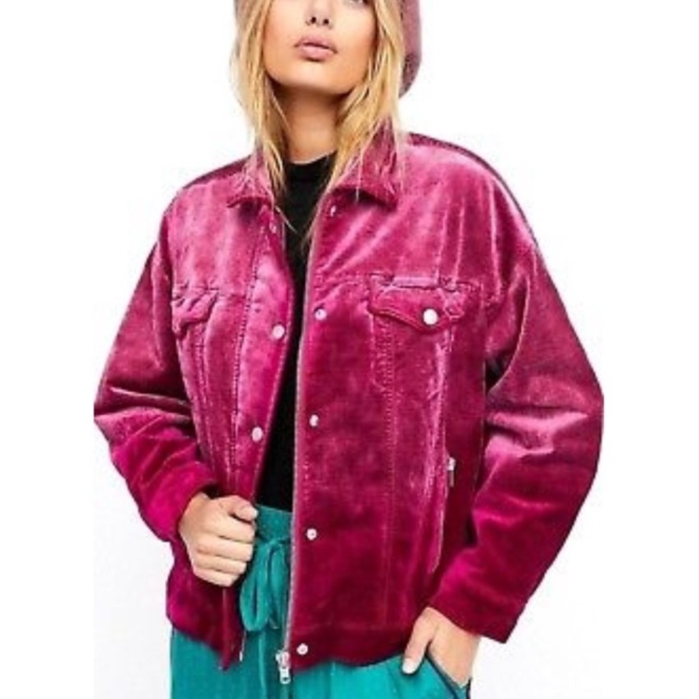 (A12) Free People Velvet Trucker Jacket, Size XS/Small, Magenta in color, EUC